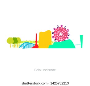 Esquina de Belo Horizonte (Minas Gerais/ Brasil). Ilustración vectorial de lugares turísticos en Belo Horizonte como la Iglesia Pampulha, el Estadio Mineirao, el Parque Guanabara, el Edificio Niemeyer, etc. 