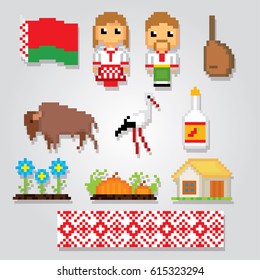 Belorussia icons set. Pixel art. Old school computer graphic style. Games elements.