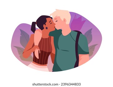 Beloved couple hugging and kissing. Vector cartoon isolated illustration of love relationship, sweethearts on floral background. Happy young lovers spending time together at romantic date.