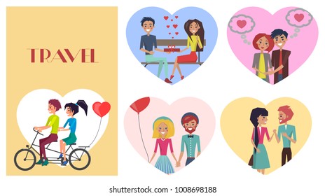Beloved female with sweetheart male travel, ride bicycle vector illustration. Couples in love with present in red box, air balloon in shape of heart.