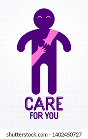 Beloved man with care hands of a lover woman hugging him around from behind, vector icon logo or illustration in simplistic symbolic style.