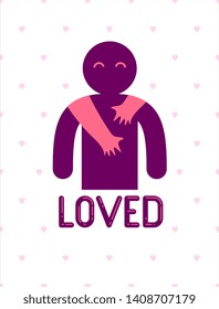 Beloved man with care hands of a lover woman hugging and caresses his shoulders, vector icon logo or illustration in simplistic symbolic style.