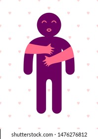 Beloved man with care hands of a lover woman hugging and caresses his chest, vector icon logo or illustration in simplistic symbolic style.