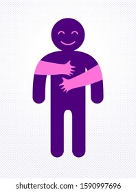 Beloved man with care hands of a lover woman hugging and caresses his chest, vector icon logo or illustration in simplistic symbolic style.