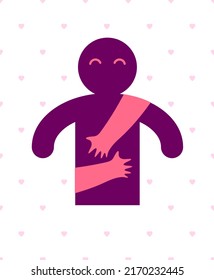 Beloved man with care hands of a lover woman hugging and caresses his chest, vector icon logo or illustration in simplistic symbolic style.