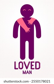 Beloved man with care hands of a lover woman hugging and caresses his shoulders, vector icon logo or illustration in simplistic symbolic style.