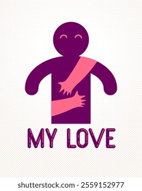 Beloved man with care hands of a lover woman hugging and caresses his chest, vector icon logo or illustration in simplistic symbolic style.