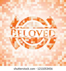 Beloved orange tile background illustration. Square geometric mosaic seamless pattern with emblem inside.