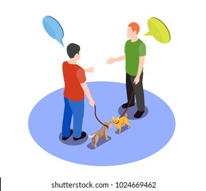 Beloved pets design concept with two men meeting for walk with their dogs isometric vector illustration   