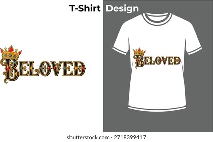 Amada Ilustración vectorial de camiseta de tipografía real, diseño de texto dorado con corona para romance de San Valentín, reina y amor lujoso.