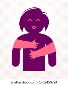 Beloved woman with care hands of a lover or friend hugging her around from behind, vector icon logo or illustration in simplistic symbolic style.