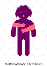 Beloved woman with care hands of a lover or friend hugging her around from behind, vector icon logo or illustration in simplistic symbolic style.