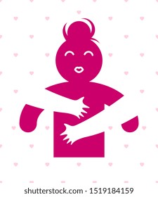 Beloved woman with care hands of a lover or friend hugging her around from behind, vector icon logo or illustration in simplistic symbolic style.