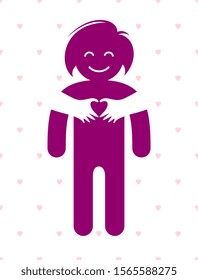 Beloved woman with care hands of a lover or friend hugging her around from behind, vector icon logo or illustration in simplistic symbolic style.