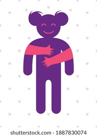 Beloved woman with care hands of a lover or friend hugging her around from behind, vector icon logo or illustration in simplistic symbolic style.