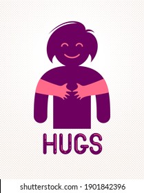 Beloved woman with care hands of a lover or friend hugging her around from behind, vector icon logo or illustration in simplistic symbolic style.