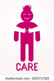Beloved woman with care hands of a lover or friend hugging her around from behind, vector icon logo or illustration in simplistic symbolic style.