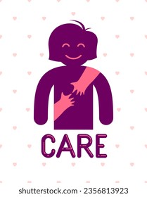 Beloved woman with care hands of a lover or friend hugging her around from behind, vector icon logo or illustration in simplistic symbolic style.