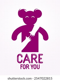 Beloved woman with care hands of a lover or friend hugging her around from behind, vector icon logo or illustration in simplistic symbolic style.