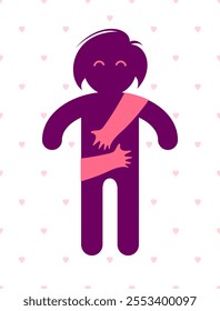 Beloved woman with care hands of a lover or friend hugging her around from behind, vector icon logo or illustration in simplistic symbolic style.