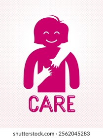 Beloved woman with care hands of a lover or friend hugging her around from behind, vector icon logo or illustration in simplistic symbolic style.