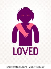 Beloved woman with care hands of a lover man hugging and caresses her shoulders, vector icon logo or illustration in simplistic symbolic style.