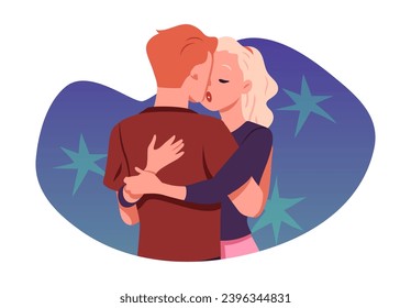 Beloved young couple hugging and kissing. Happy two lovers spending romantic time together. Love relationship vector cartoon illustration on decorative background with stars