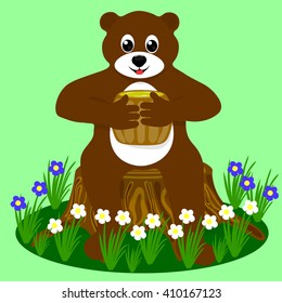 below Bear sits on the stump, and holding in the paws of a barrel of honey