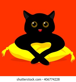 below black cat lies on a yellow pillow on a red background