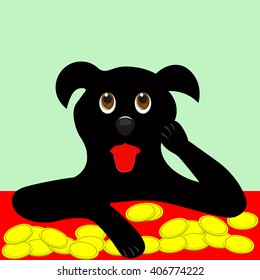 below black dog gets a lot of money thinking what to do next