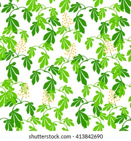 below branch of blossoming chestnut in a pattern on a white background