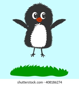 below chick crows flapped its wings and flew on a blue background