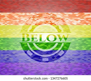 Below emblem on mosaic background with the colors of the LGBT flag
