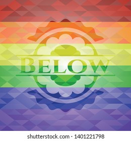 Below emblem on mosaic background with the colors of the LGBT flag