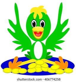 below green parrot got a lot of money, and expressed delight