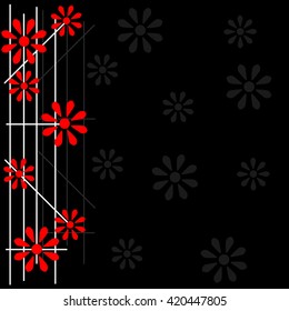 below red flowers and arbitrary lines on a black background