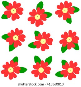 below red flowers primrose in a pattern on a white background