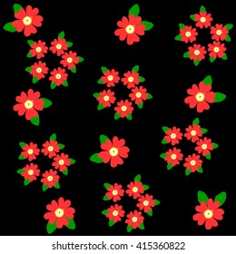below red flowers primrose in a pattern on a black background