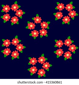 below red flowers primrose in a pattern on a blue background