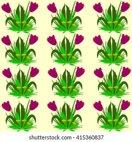 below red flowers tulips and yellow dandelions in a pattern on a yellow background
