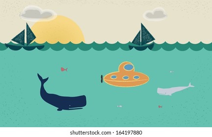 Below the Surface whale, submarine and boats vector illustration
