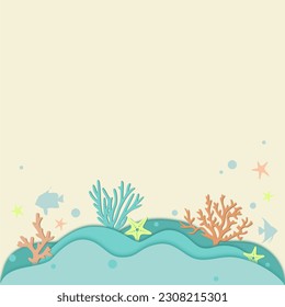 Below top view with  sea shells, stars, mollusk and coral.Paper cut and helper craft patterns.marine background.