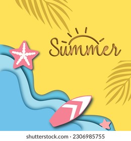 Below top view with  swimming pools, here, surfboards, sunglasses, flip flops,  starfish .Paper cut and helper craft patterns.summer background.