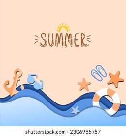 Below top view with  swimming pools, here, surfboards, sunglasses, flip flops,  starfish .Paper cut and helper craft patterns.summer background.