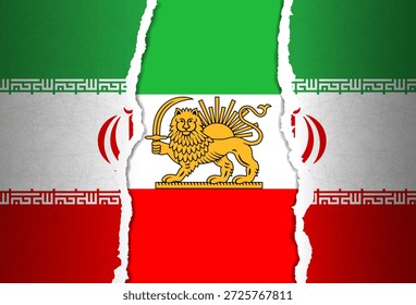 Debajo de la bandera desgarrada de la República Islámica de Irán está el tricolor del estado del Shah de Irán con un león sosteniendo un sable y un sol naciente detrás de él.