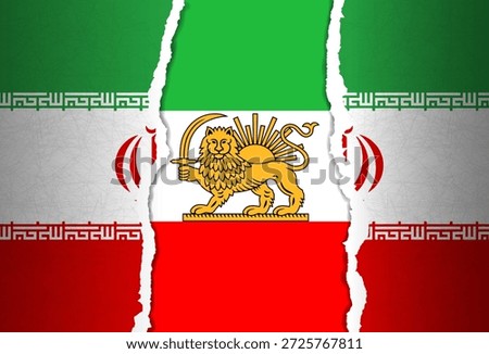 Below the torn flag of the Islamic Republic of Iran is the tricolor of the Shah's state of Iran with a lion holding a saber and a rising sun behind it.