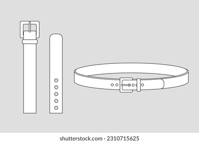 Belt apparel models template. Simple technical drawings of clothes models isolated on grey background. Fashion outline sketch for design. Set of objects.