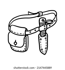 Belt Bag. Camping Survival Belt. Bushcraft Belt Kit Outline Vector Illustration. Camping Hiking And Outdoor Travel