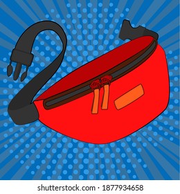 belt bag in red on a blue background in comic style