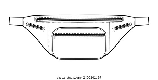 Belt Bag silhouette. Fashion accessory technical illustration. Vector satchel front 3-4 view for Men, women, unisex style, flat handbag CAD mockup sketch outline isolated